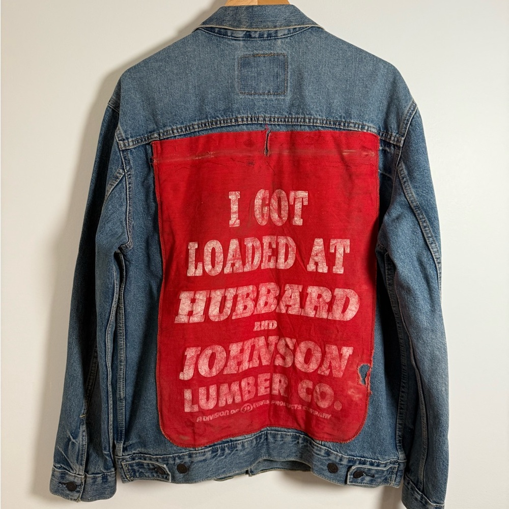 Custom Levi's Denim Jacket with Bottoms Up Embroidery and Flag Patch